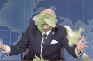 Kate McKinnon getting lettuce thrown at her on SNL