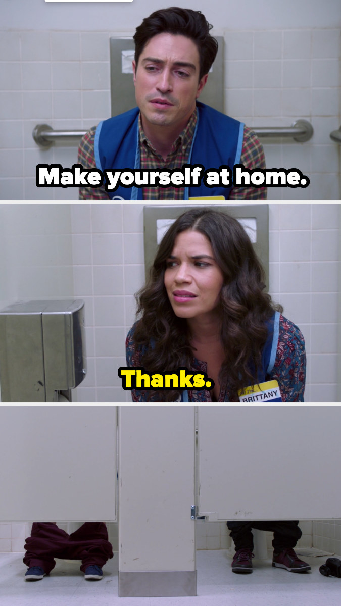 both in stalls in the bathroom, Jonah tells Amy to make herself at home, and Amy says &quot;thanks&quot; awkwardly