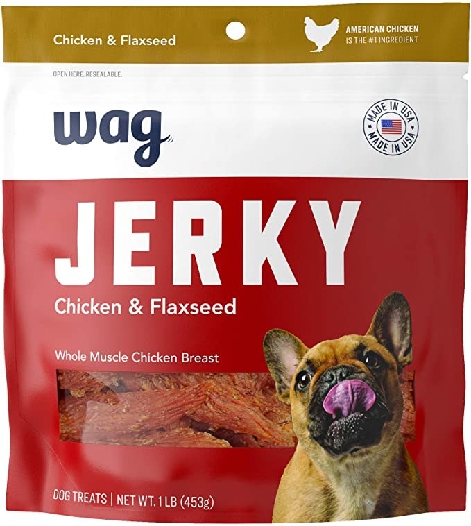 A bag of Wag&#x27;s chicken and flaxseed jerky