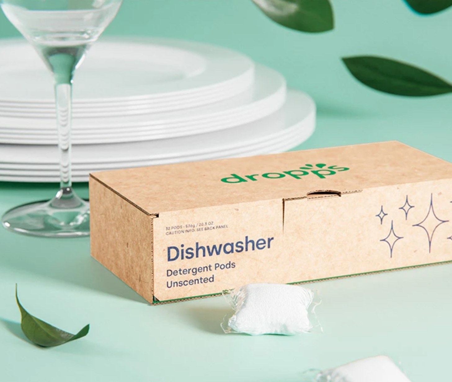 A compostable cardboard box that holds Dropps dishwasher pods.