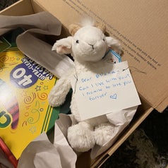 A stuffed animal and markers in a box with a note
