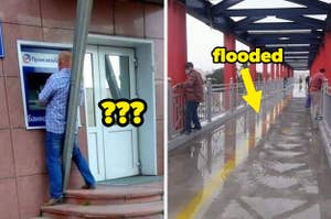 An ATM with a bar blocking it and a bridge that people have to walk the railing of because it is flooded