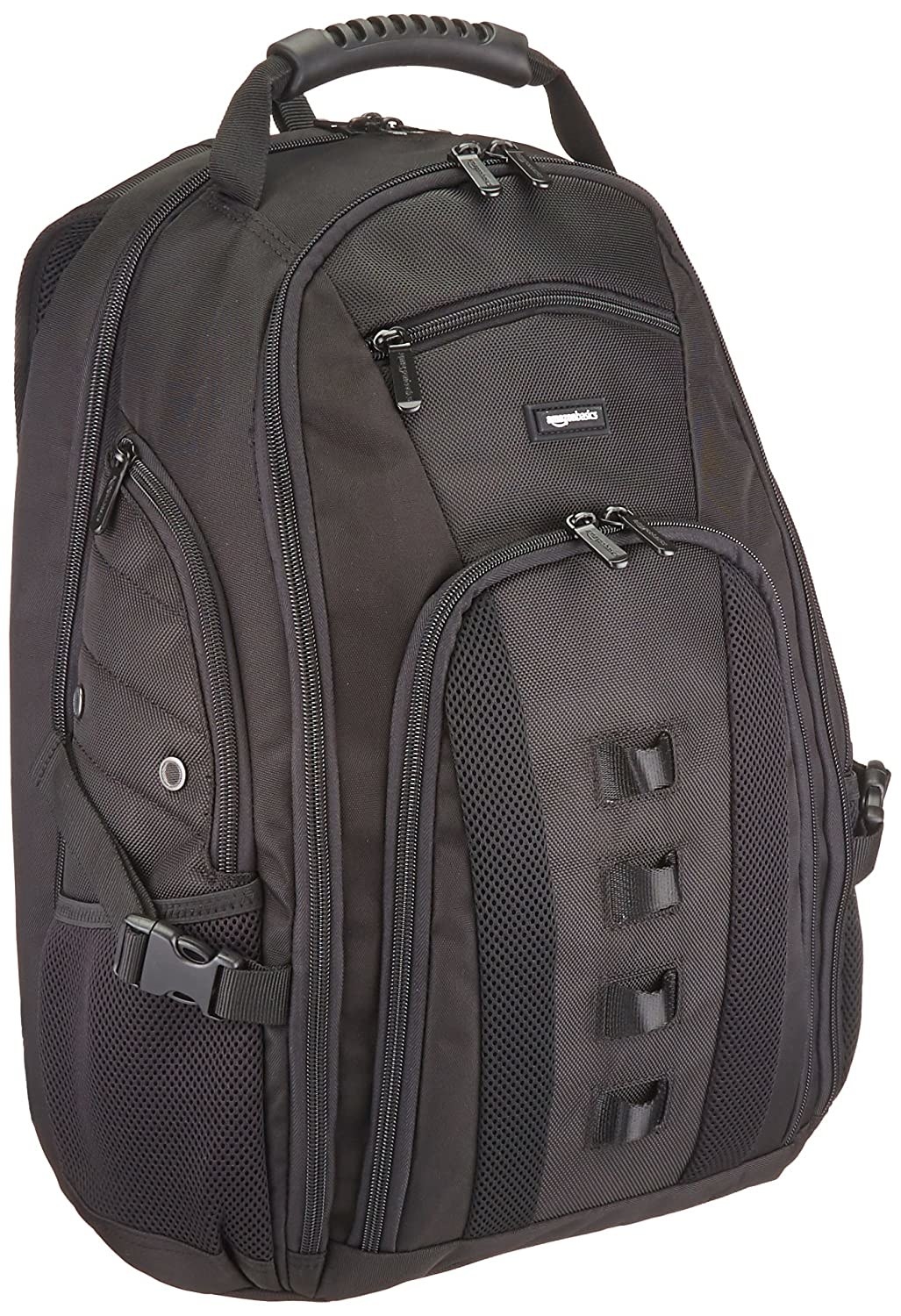 A closed laptop bag in black
