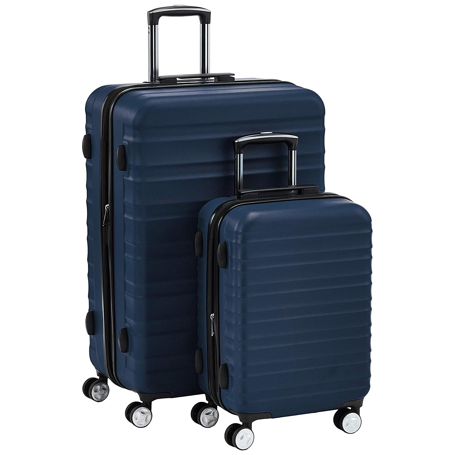 A pair of wheeled suitcases of different sizes in blue, with their handles pulled up