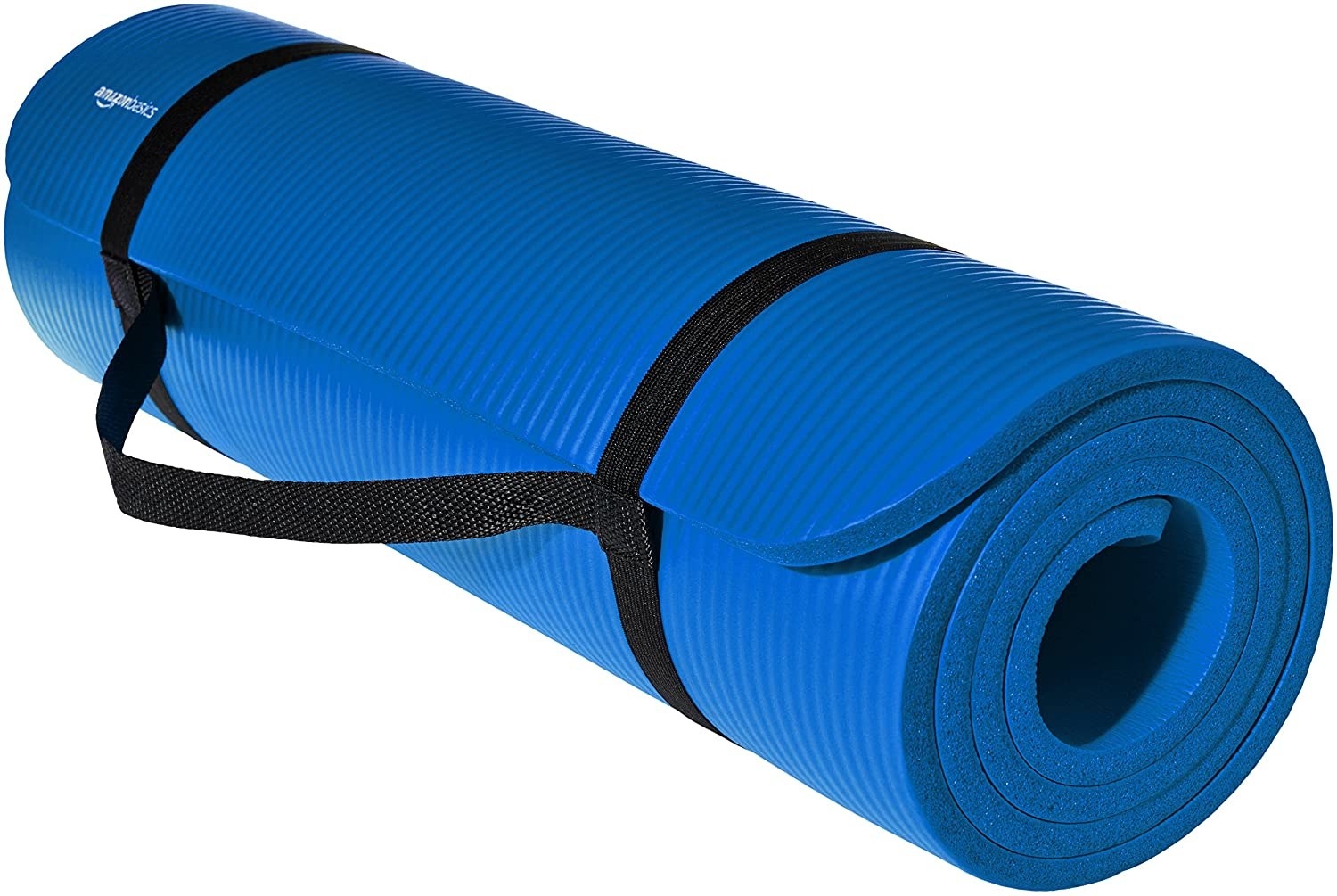 A rolled and closed up blue yoga mat with a black carry handle