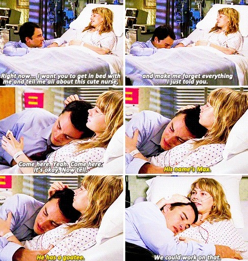 Jen comforting Jack while lying in a hospital bed