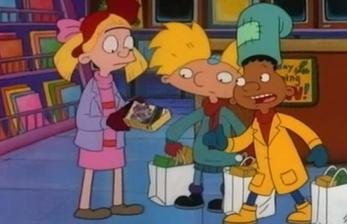 Helga, Arnold and Gerald wear winter clothes and stand in a store