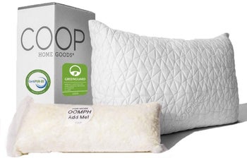 Coop Home Goods memory foam pillow next to bag of included memory foam filling