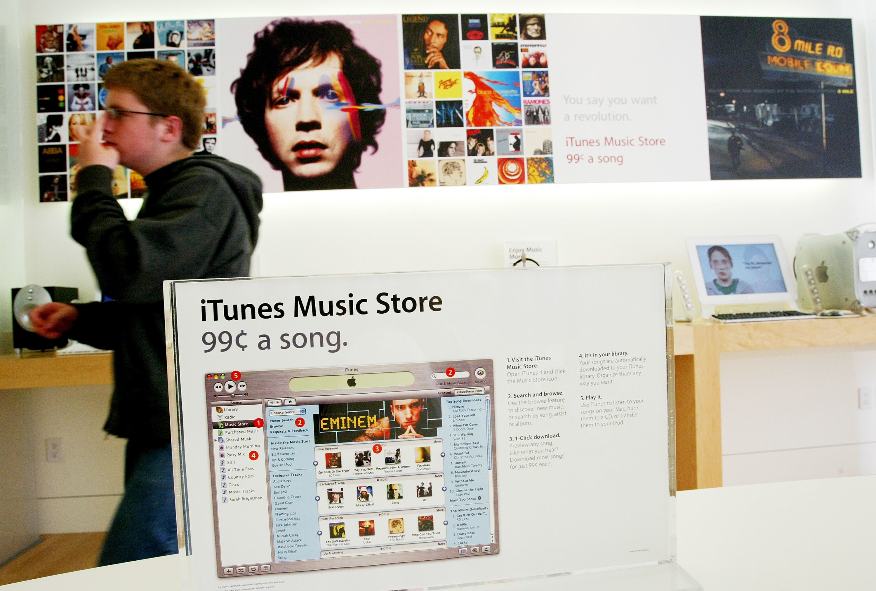  A display for Apple&#x27;s iTunes Music Store in a Apple Store in Emeryville, California in 2003