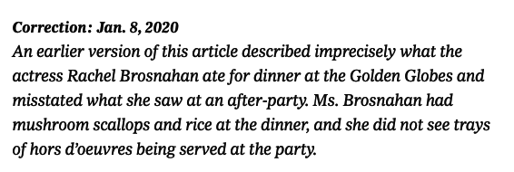 Correction: An earlier version of this article described imprecisely what the actress Rachel Brosnahan saw at an afterparty. Ms. Brosnahan did not see trays of hors d’oeuvres being served at the party