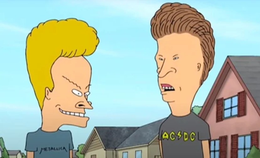 Beavis and Butthead stand in front of a row of houses