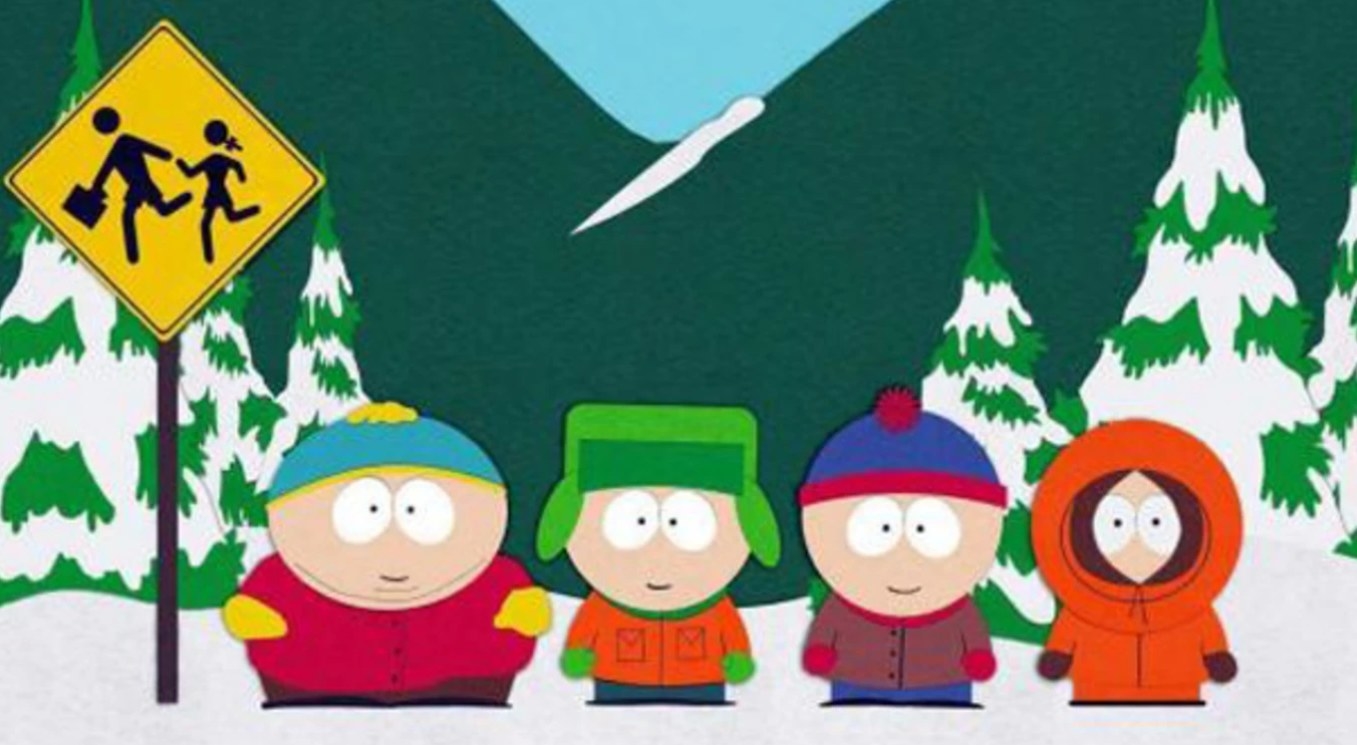 The South Park four main characters stand in a row at the bus stop