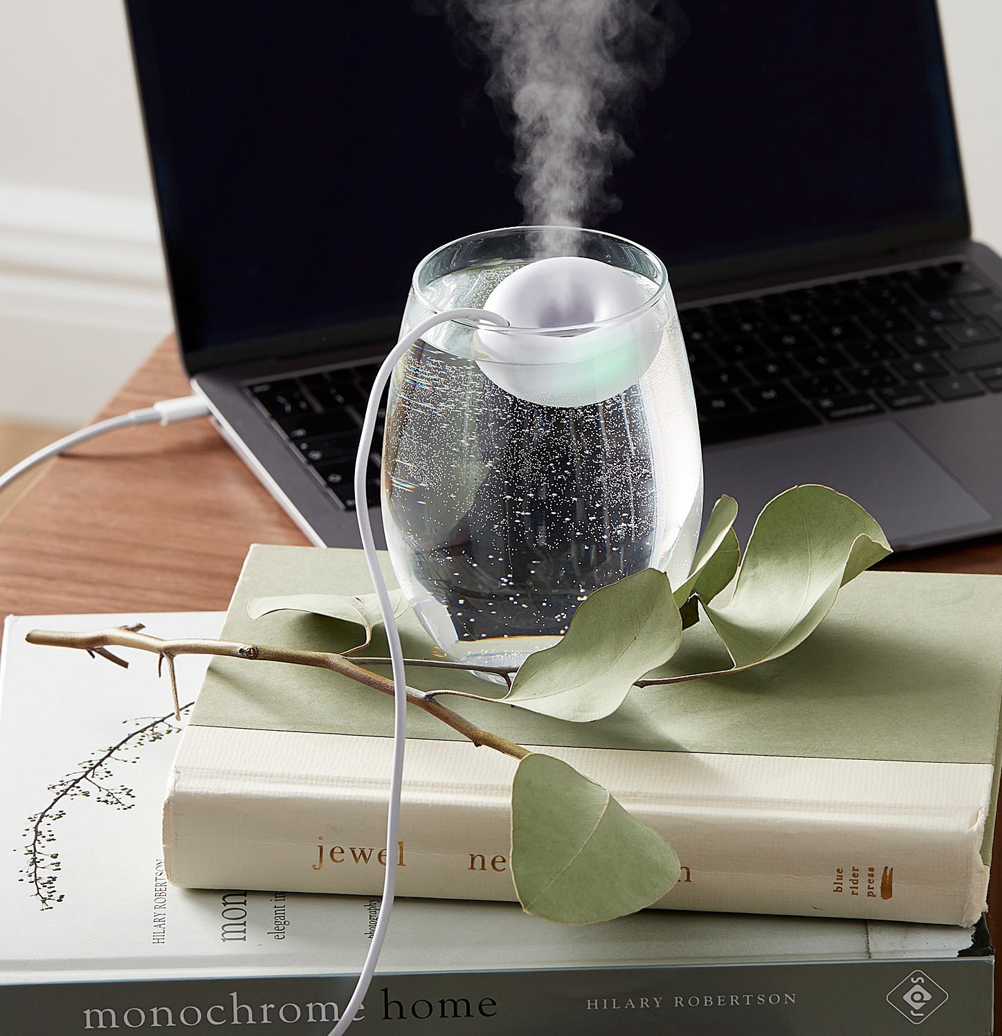 The mini humidifier in a glass of water