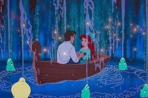 Ariel and Eric from the little mermaid holding hands in a boat surrounded by fish and fireflies 
