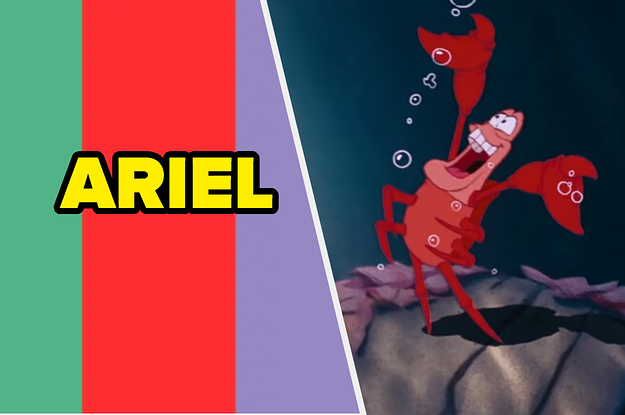 a striped background that says ariel over the image, next to an animated crab which is singing, arms up, bubbles all around him while underwater