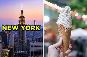 On the left, the New York City skyline at sunset labeled "New York," and on the right, someone holding a vanilla soft serve cone