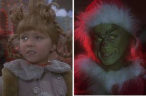 Cindy Lou Who on the left and the grinch in a santa costume on the right