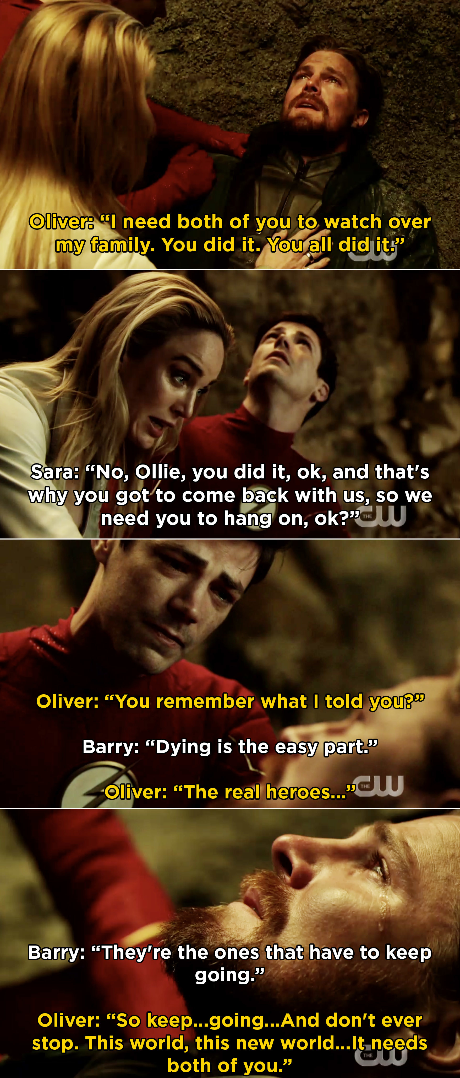 Oliver saying to Barry and Sara that dying is easy, but going on is hard