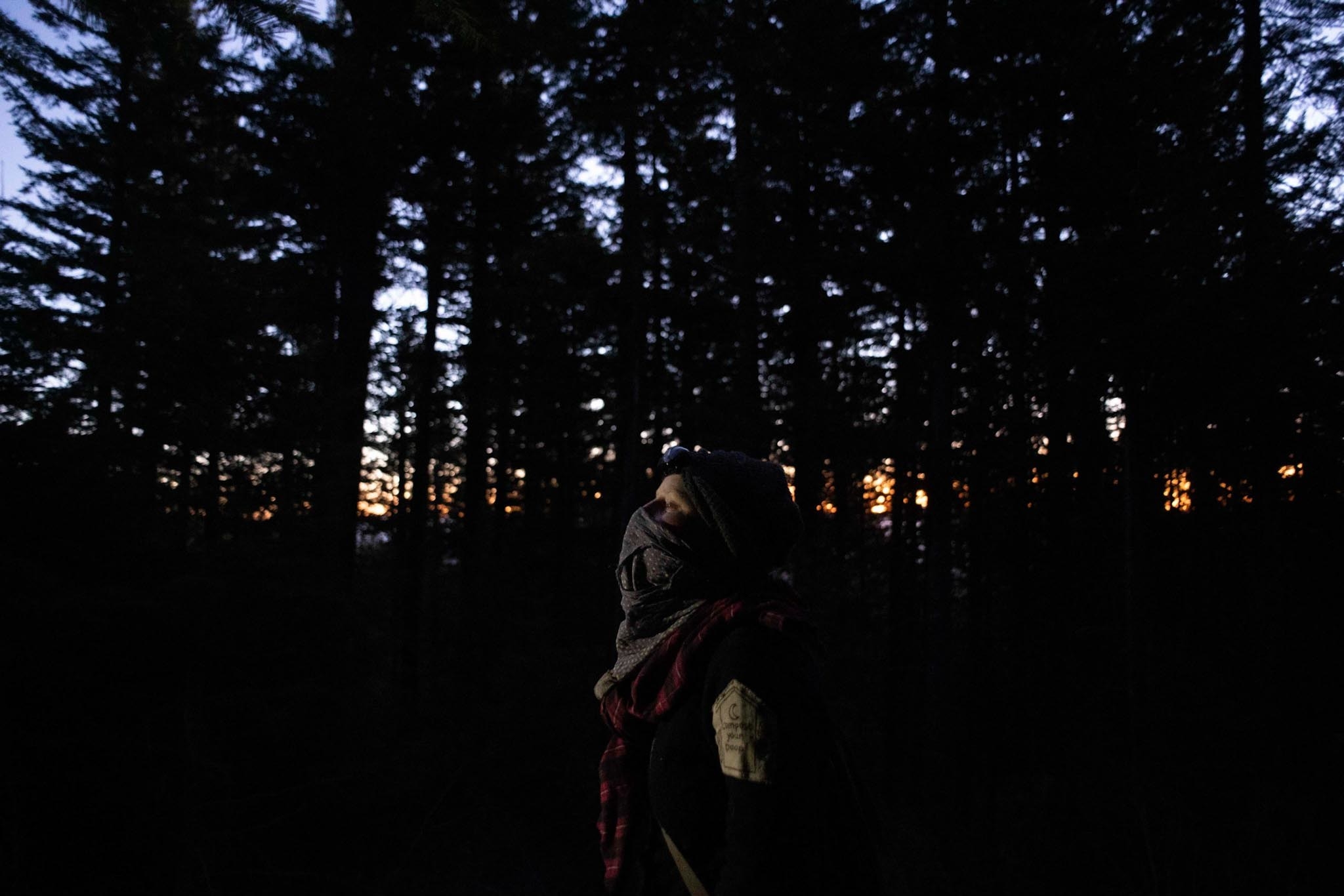 An activist wearing a bandana in the woods at sunset 