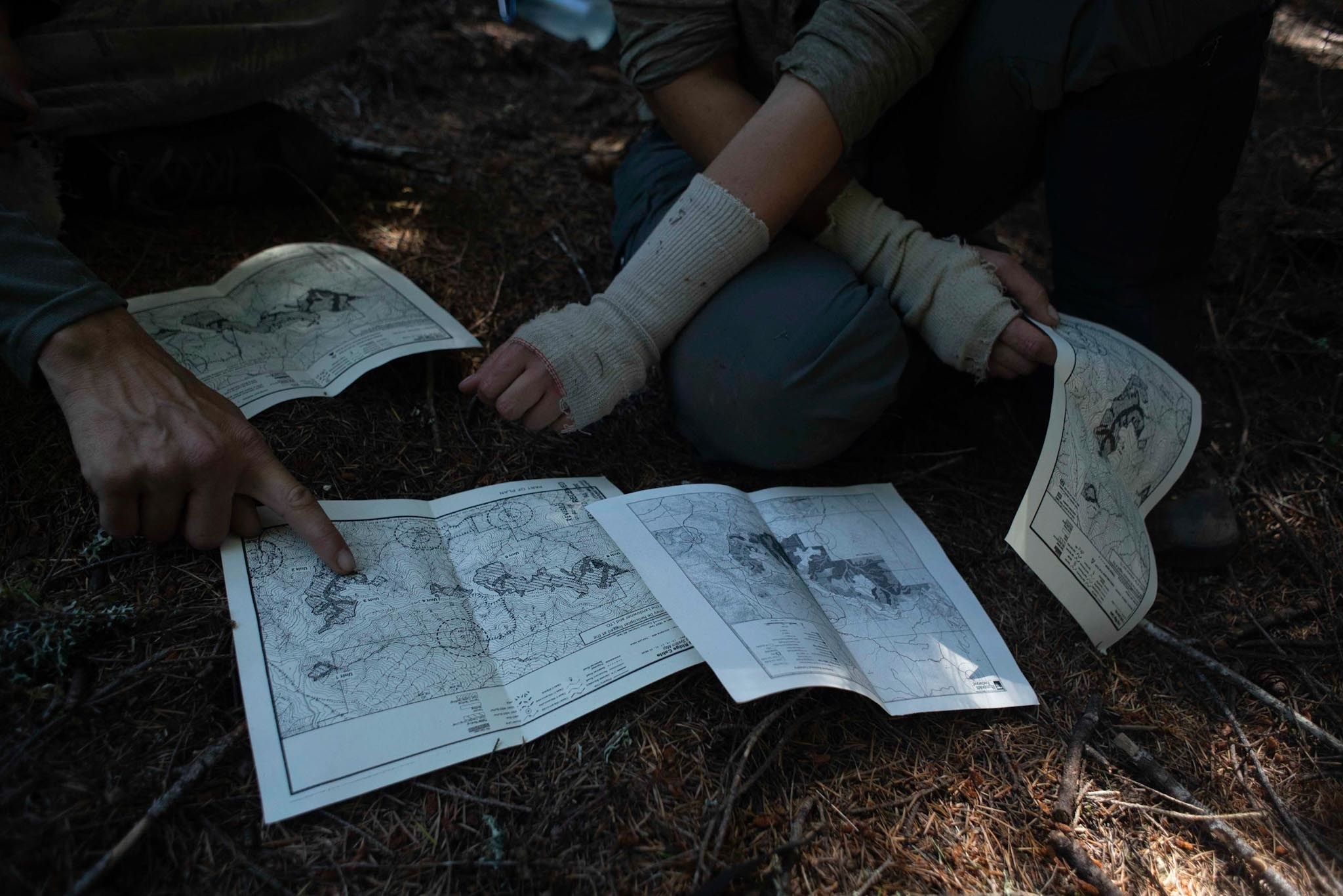 Two people study maps while sitting on the forest floor 