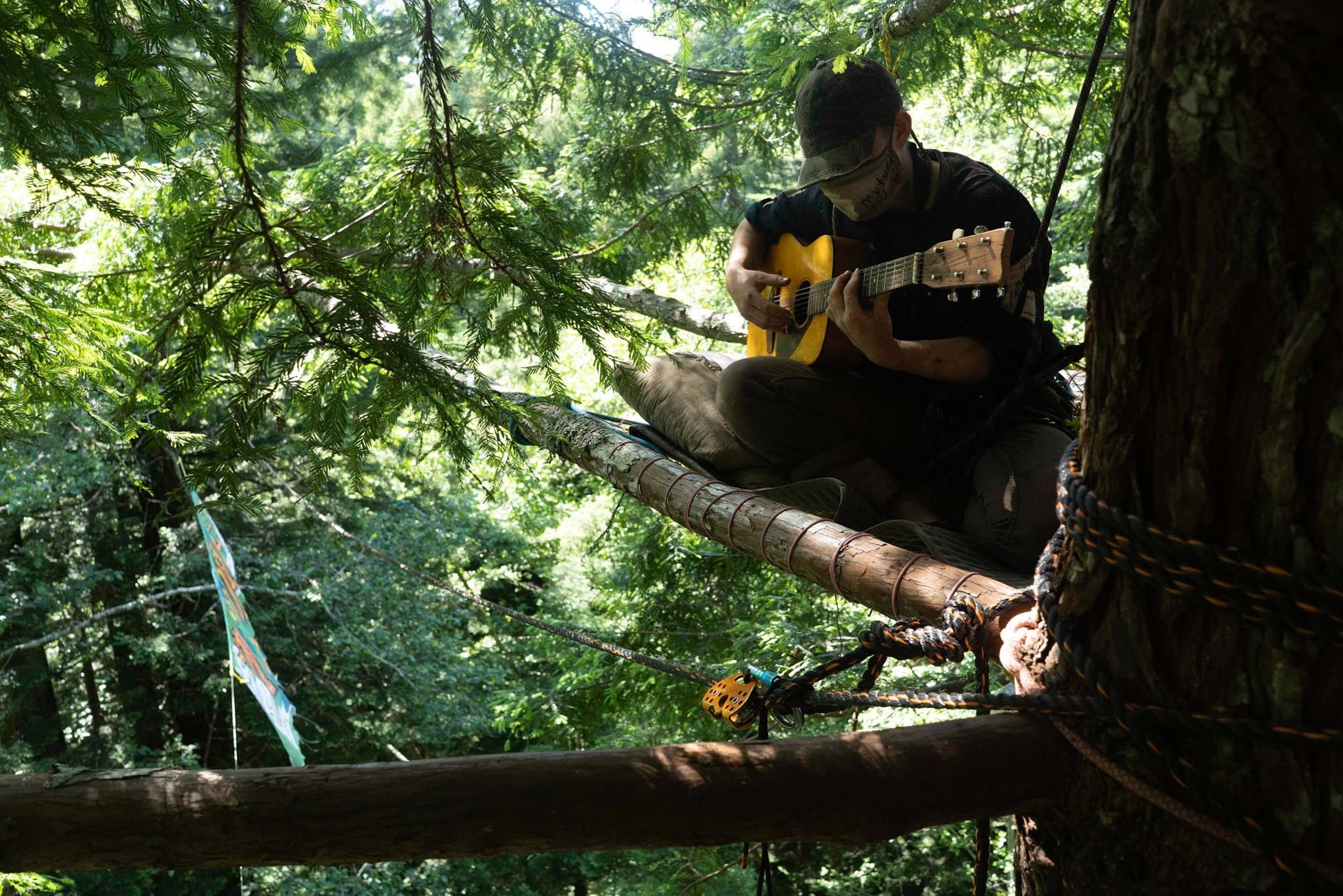 A person wearing a mask and a hat playing guitar on a platform in a tree