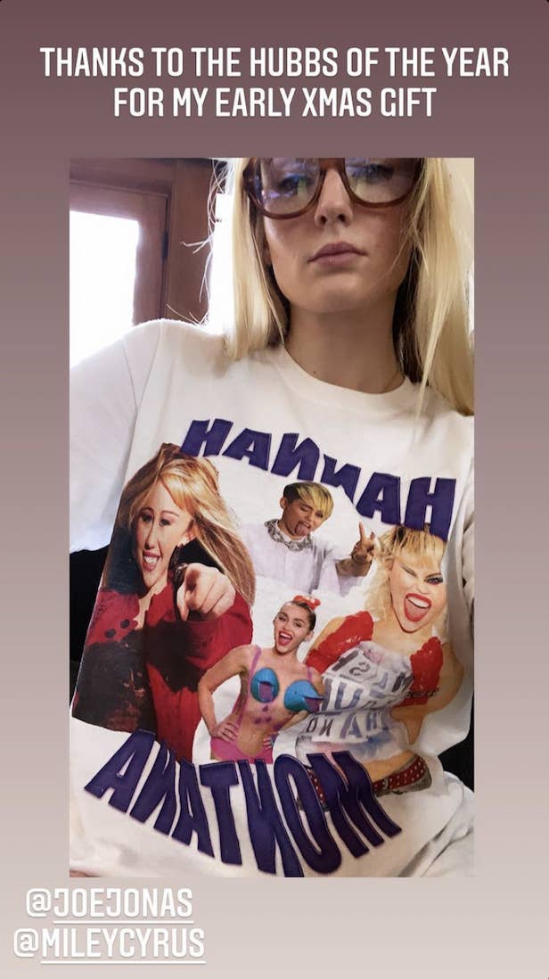 Sophie&#x27;s Instagram story, where she&#x27;s wearing a Hannah Montana shirt (that also has pictures of Miley) and thanks Joe for her early Christmas gift, tagging Joe and Miley Cyrus