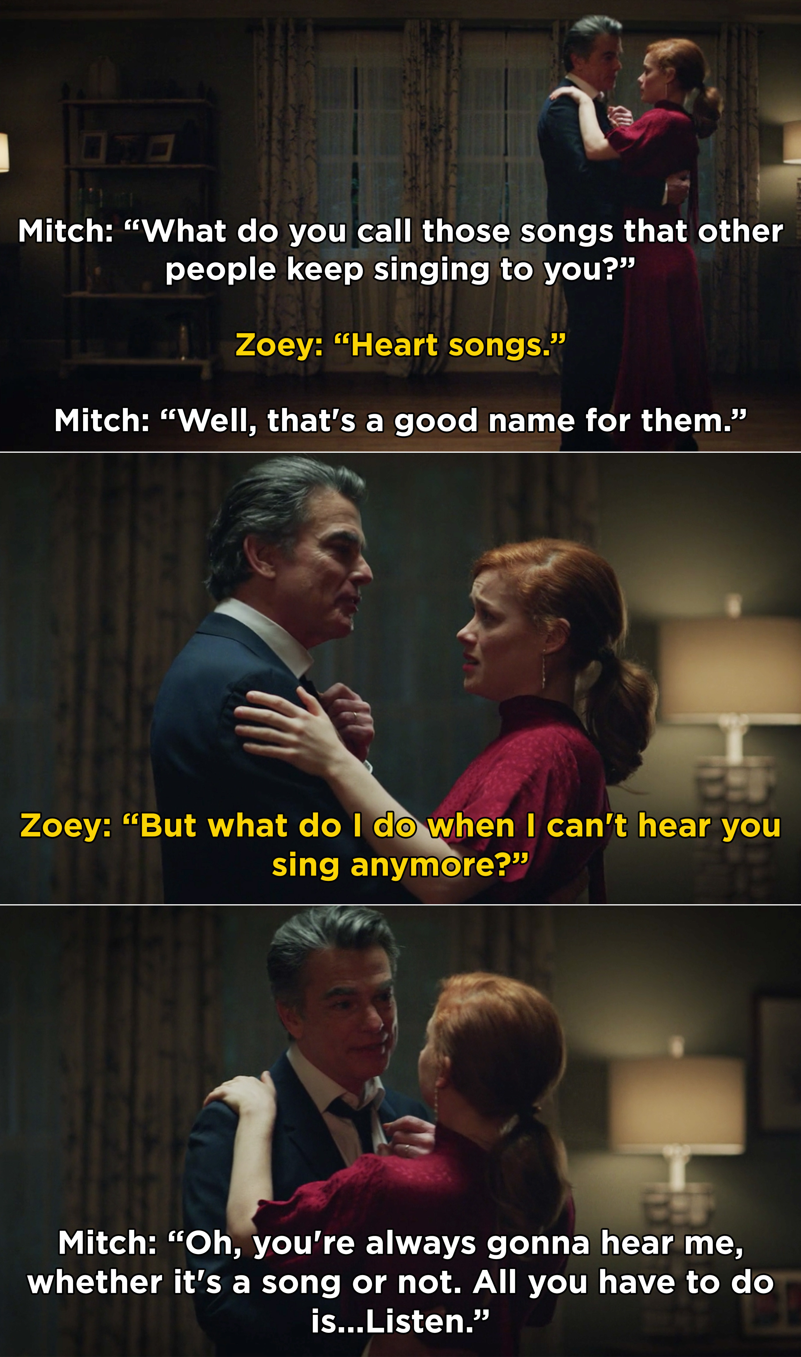 Mitch and Zoey dancing and Mitch saying that Zoey will always hear him