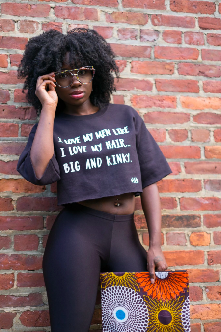 Crop top that says &quot;I love my men like I love my hair...big and kinky.&quot; 