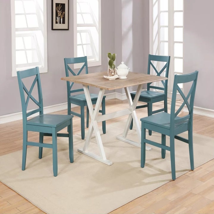 The dining table with both leaves open
