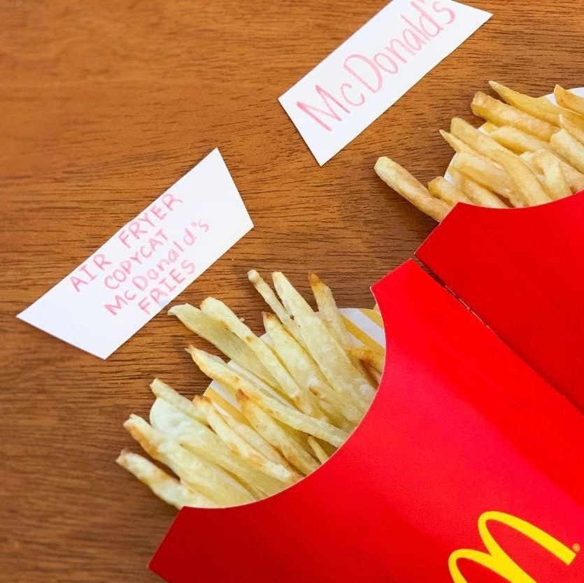 Air fried French fries next to McDonald&#x27;s fries.