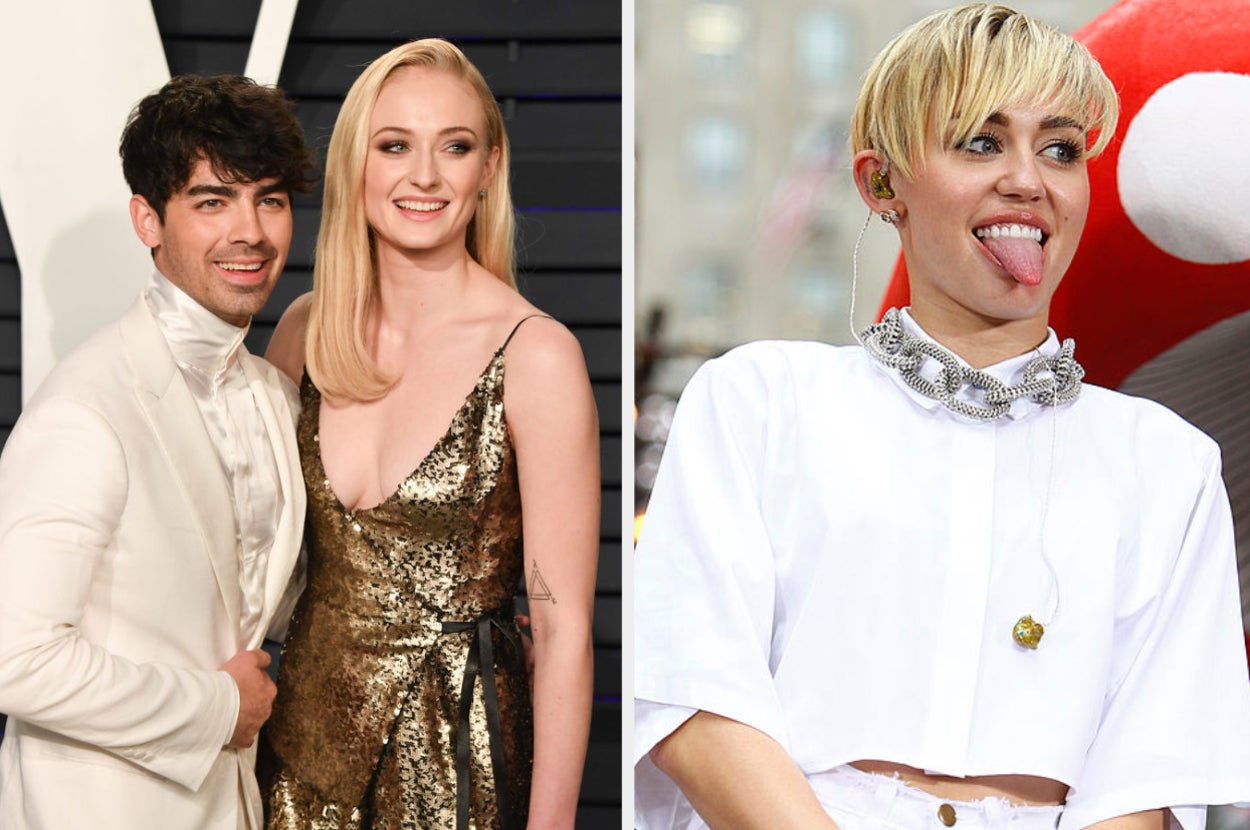Joe Jonas and Sophie Turner, then a picture of Miley Cyrus sticking her tongue out