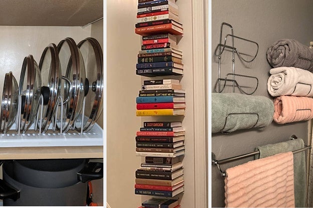 bakeware rack next to floating shelves next to towel holders