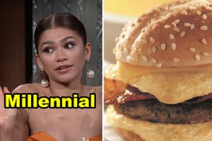 Side-by-side of Zendaya during an interview and a breakfast sandwich from a fast-food restaurant