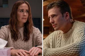 Sarah Paulson and Chris Evans side-by-side in matching sweaters