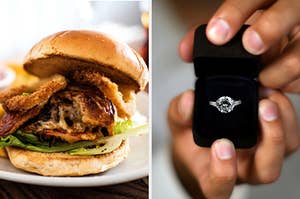 On the left, a bacon cheeseburger with lettuce and onion rings on top, and on the right, someone opening up a box to show off a diamond ring