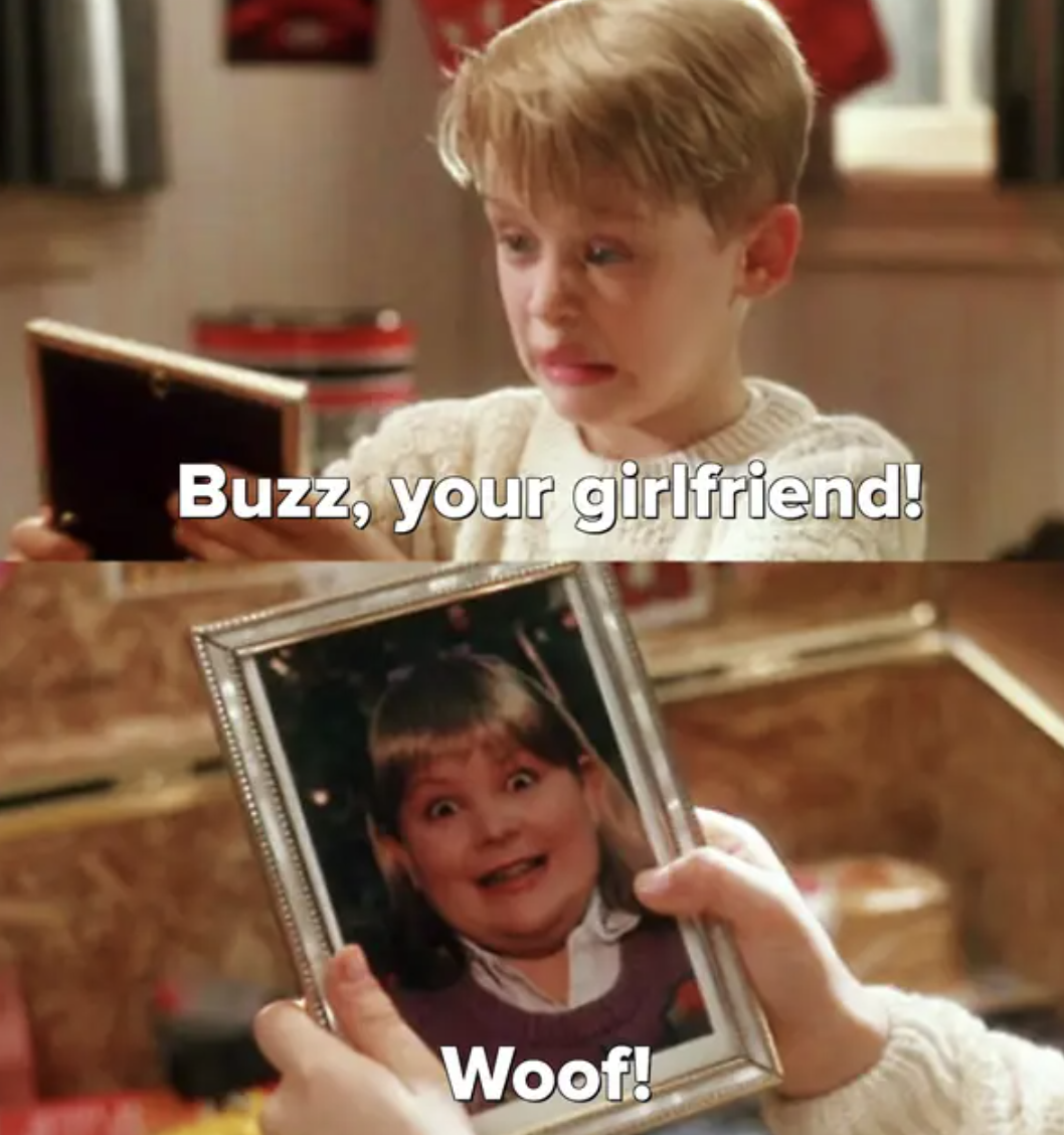 Kevin looking at a picture of Buzz&#x27;s girlfriend and being grossed out