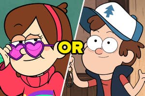 on the left, an animated girl with long hair and a thin headband lowers sunglasses, brows furrowed. next to her is a young animated boy with a trucker hat, eyes wide, eye bags underneath, shrugging