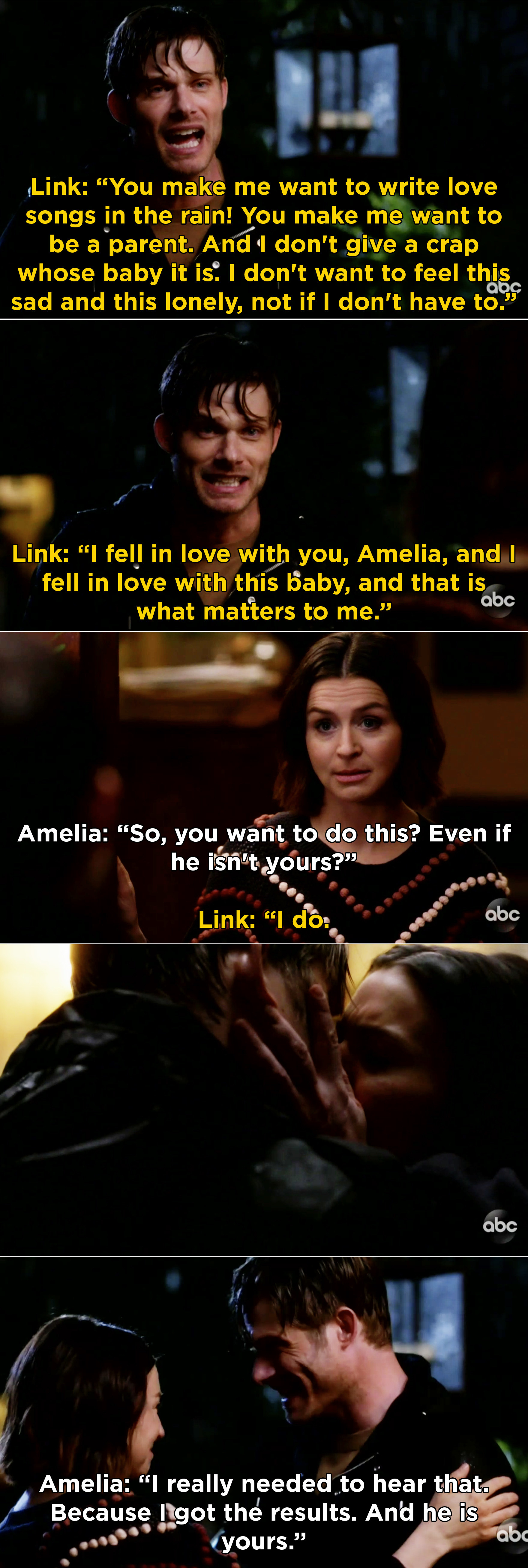 Link saying that he wants to be with Amelia no matter what and Amelia saying that the baby is his