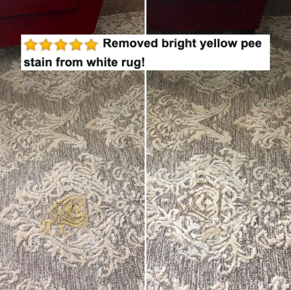 Reviewer&#x27;s before-and-after of pee stain on white rug and then 95% clean