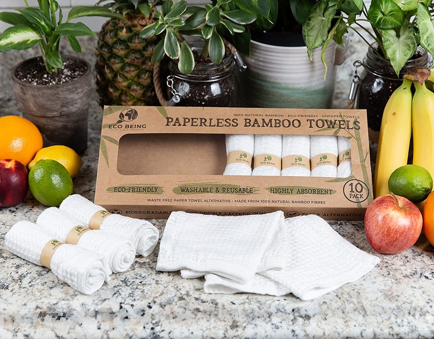the paperless bamboo towels on a countertop with fruit