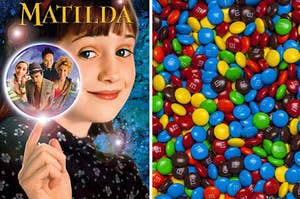 A "Matilda" poster is on the left with a bunch of M&M's on the right