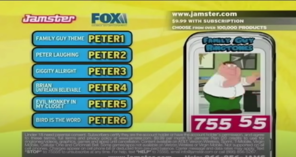 A screenshot of the Jamster commercial showing where to text and Peter Griffen dancing in the screen of a flip phone