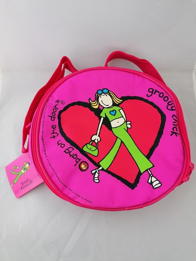 A pink mini-backpack featuring Groovy Girl on it