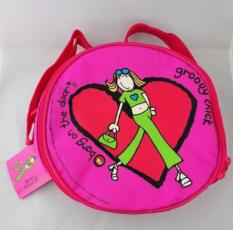 A pink mini-backpack featuring Groovy Girl on it