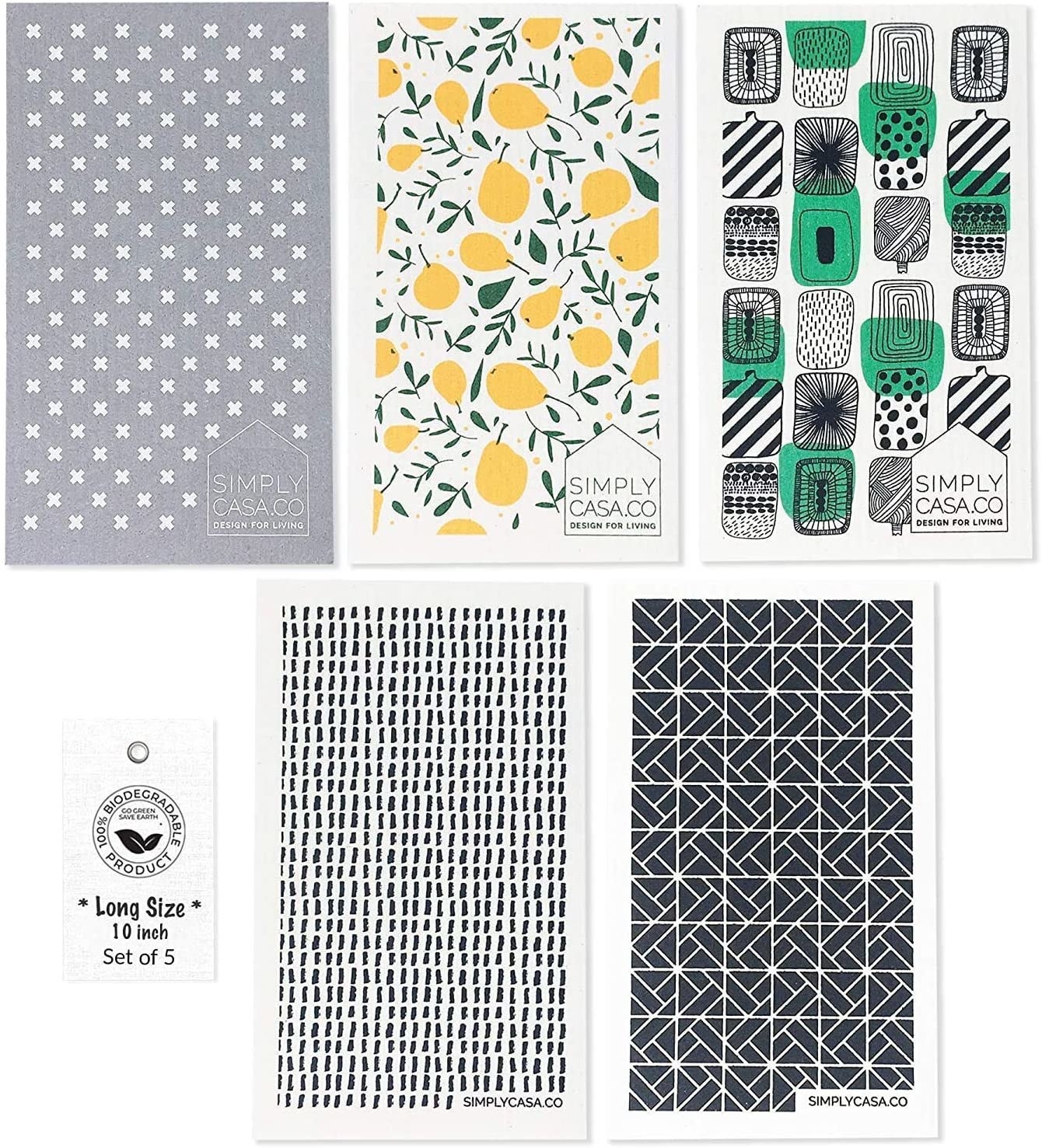 A set of five patterned Swedish towels, which are an eco-friendly alternative to paper towels.