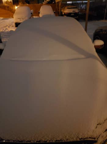 Reviewer's car completely covered in snow with the windshield protector on