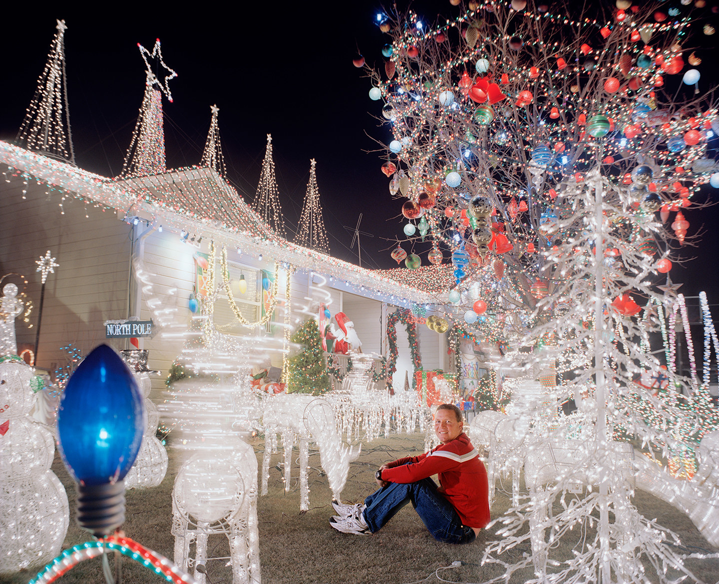 A man surrounded by white Christmas lights on a lawn