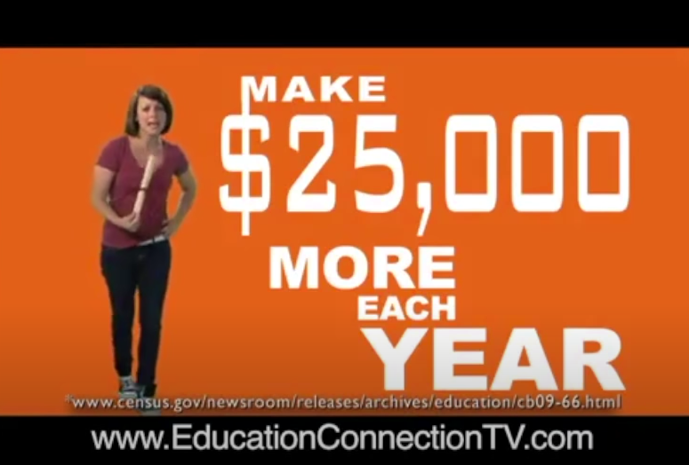 A screenshot of woman holding a diploma and standing next to letters that say &quot;Make $25,000 more 