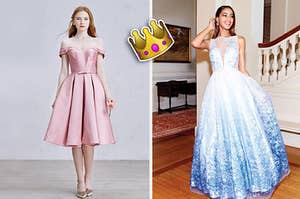 Two people in beautiful gowns with a crown emoji floating between them