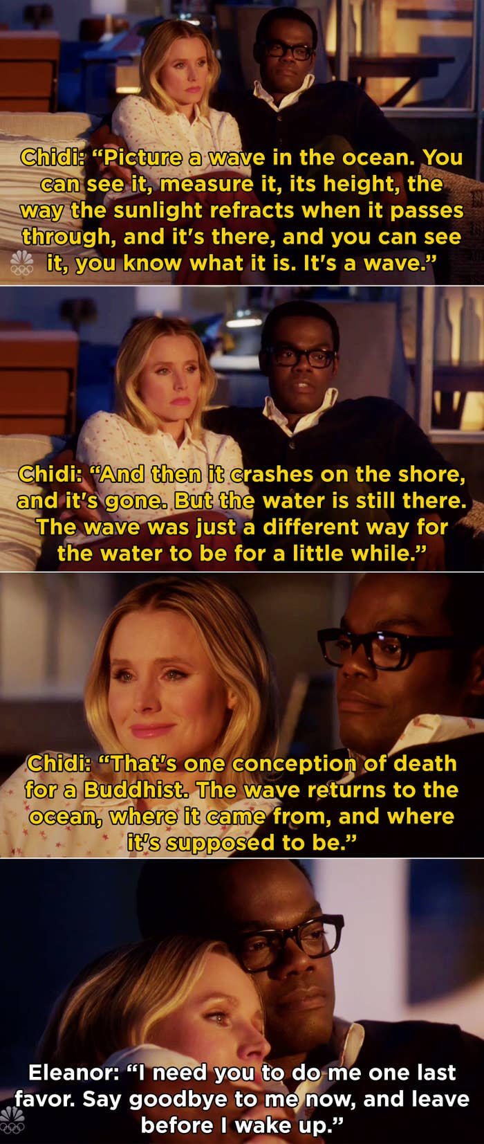 Chidi telling Eleanor about a wave and how it&#x27;s just another way for water to be for a minute